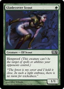 Another 1/1 Hexproof, the Gladecover Scout is just as effective as the bogles when powered-up.